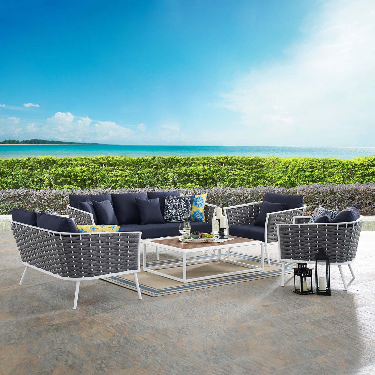 Stellan 5-Piece Alfresco Sectional Sofa Set, White & Navy
