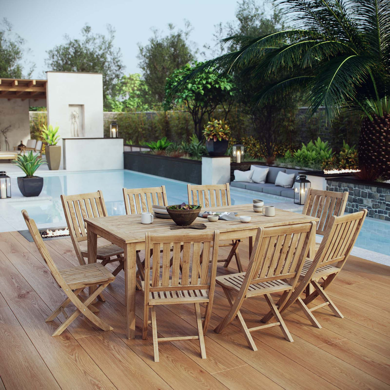 Shorehaven 9-Piece Alfresco Teak Dining Set, Natural Wood