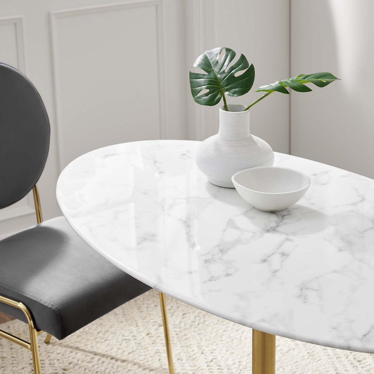 Ensemble Oval Faux Marble Dining Table, Small, Gold & White
