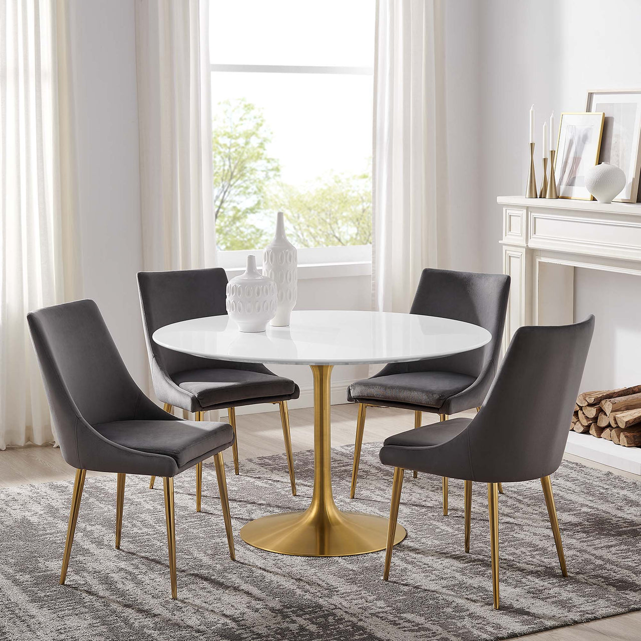 Ensemble Round Dining Table, Large, Gold & White
