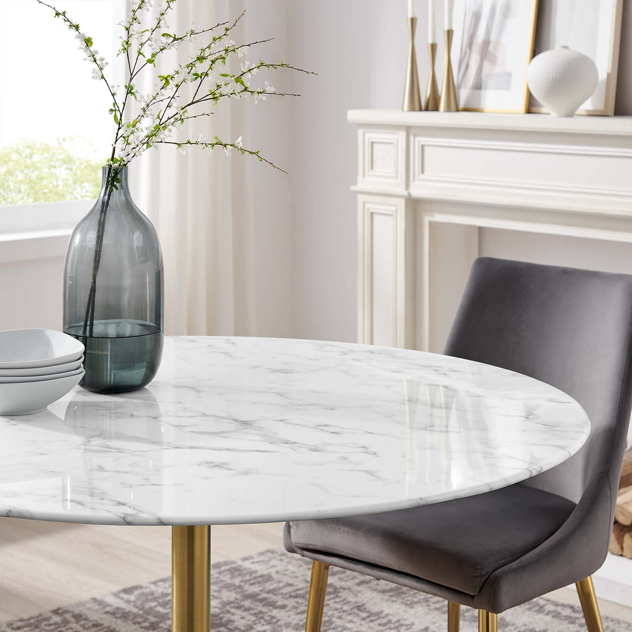 Ensemble Round Faux Marble Dining Table, Large, Gold & White