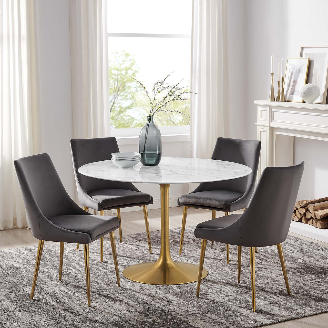 Ensemble Round Faux Marble Dining Table, Large, Gold & White