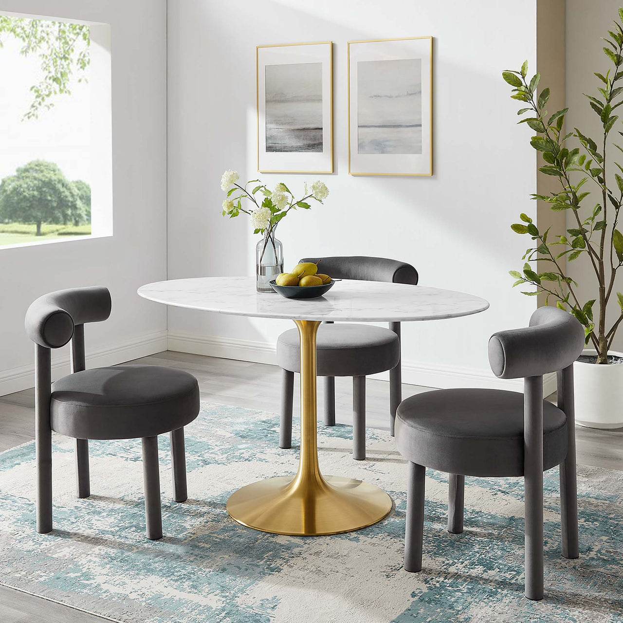 Ensemble Oval Faux Marble Dining Table, Medium, Gold & White