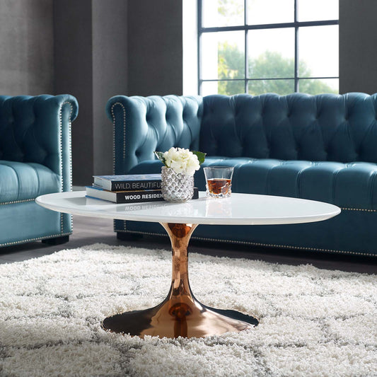 Lippa 42" Oval-Shaped Wood Coffee Table, Rose Gold & White