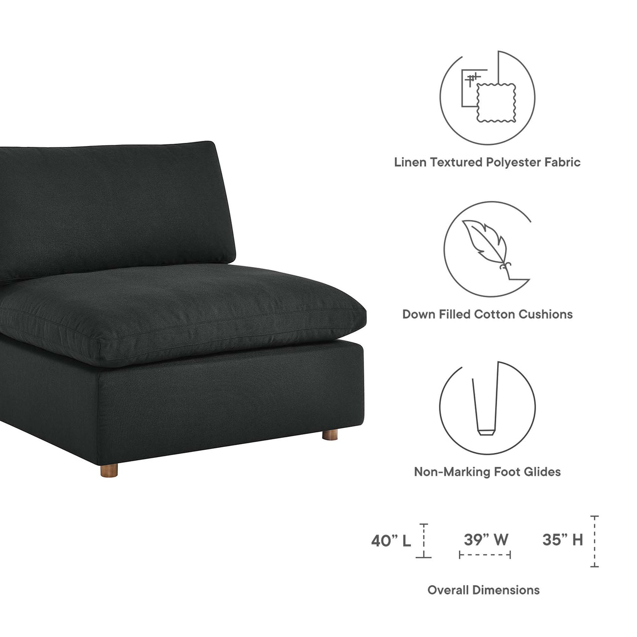 Angelic Cloudblend Armless Chair | Modular Sectional Component, Black