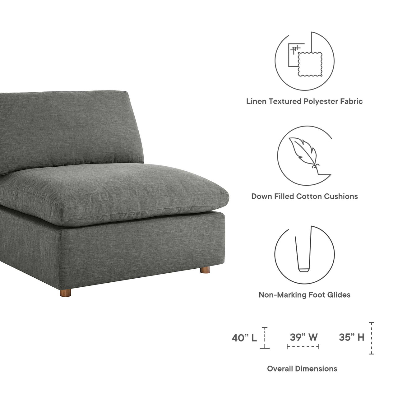 Angelic Cloudblend Armless Chair | Modular Sectional Component, Gray