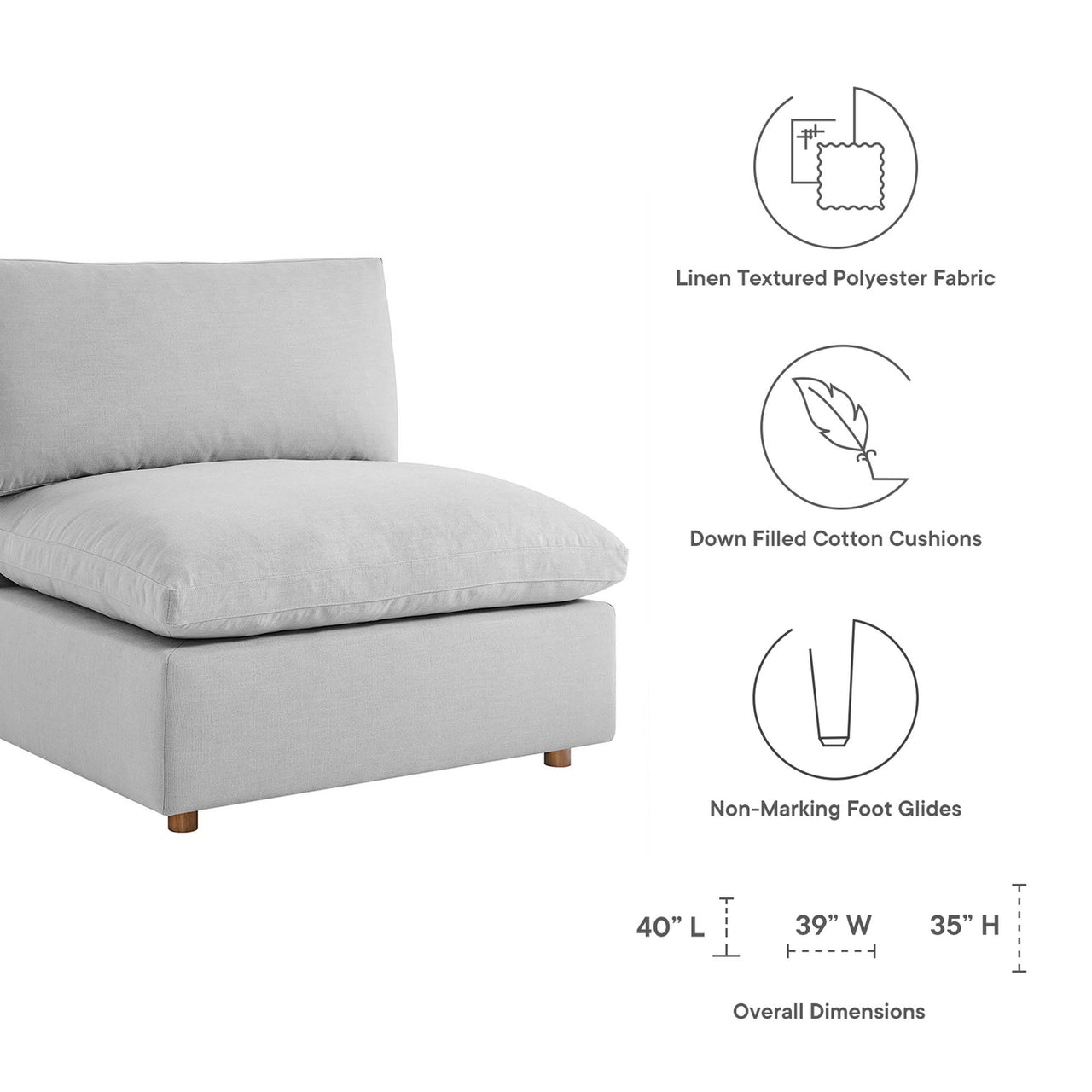 Angelic Cloudblend Armless Chair | Modular Sectional Component, Light Gray