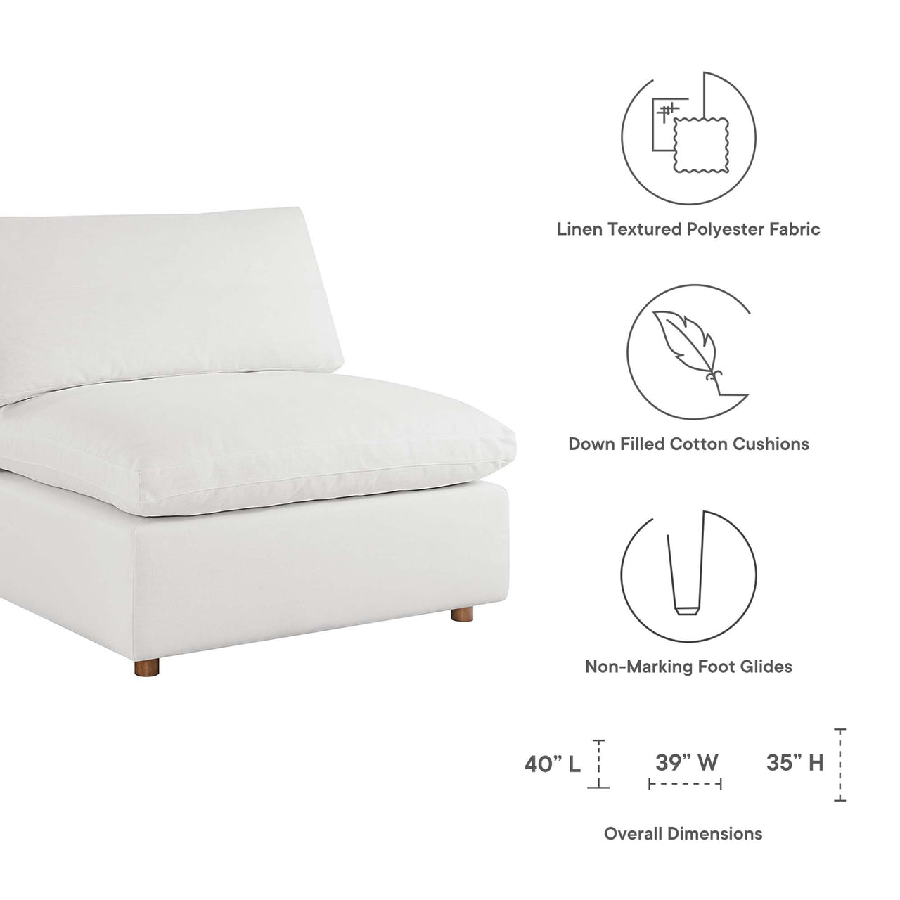 Angelic Cloudblend Armless Chair | Modular Sectional Component, Pure White
