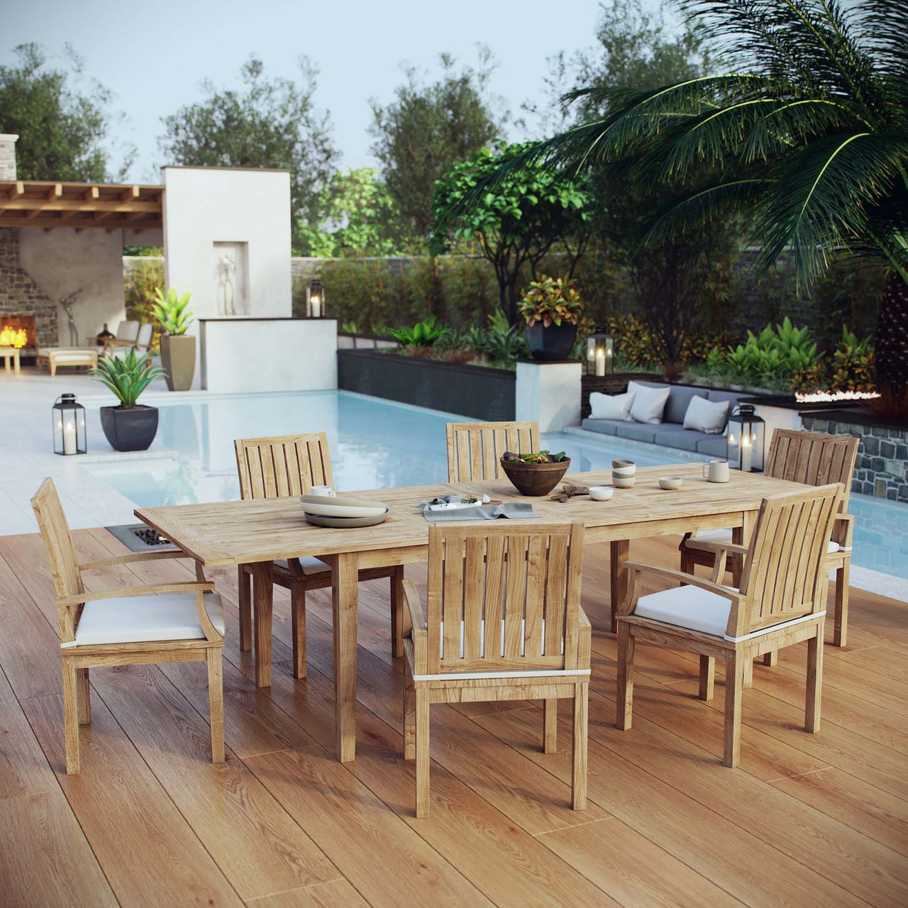 Shorehaven 7-Piece Alfresco Teak Dining Set, Natural Wood & White