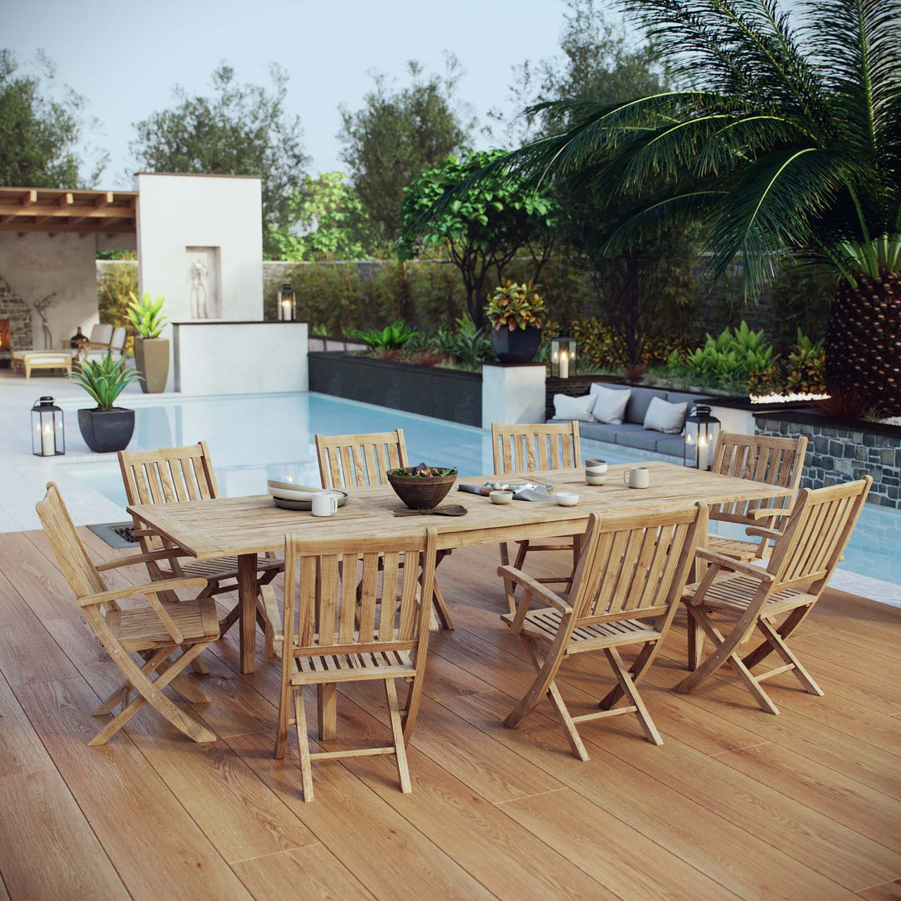 Shorehaven 9-Piece Alfresco Teak Dining Set, Natural Wood