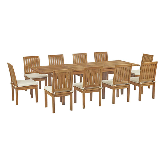 Shorehaven 11-Piece Alfresco Teak Dining Set, Natural Wood & White