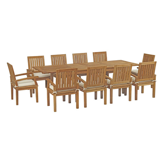 Shorehaven 11-Piece Alfresco Teak Dining Set, Natural Wood & White