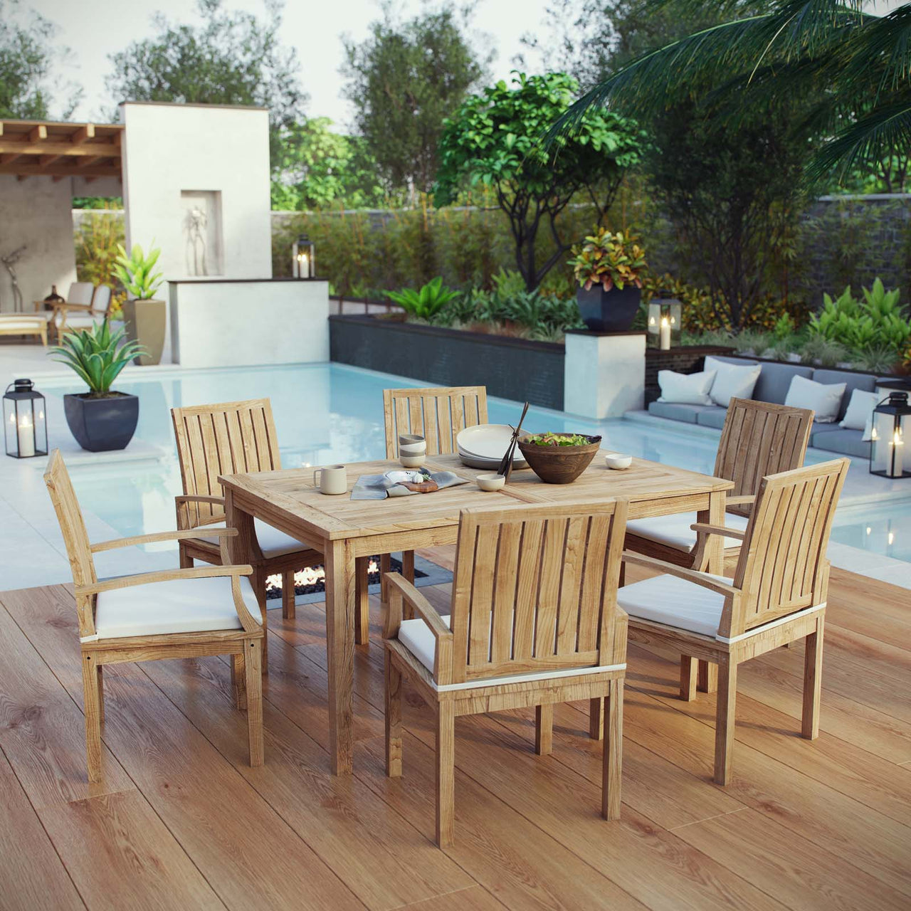Shorehaven 7-Piece Alfresco Teak Dining Set, Natural Wood & White
