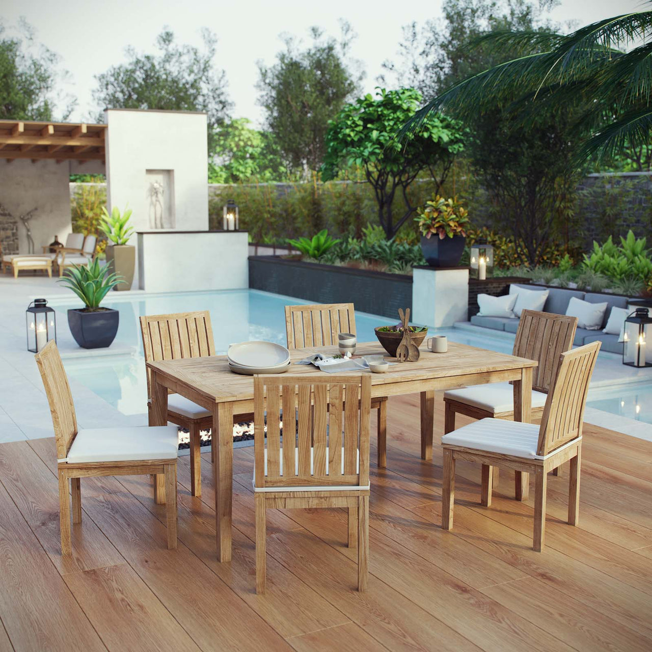 Shorehaven 7-Piece Alfresco Teak Dining Set, Natural Wood & White