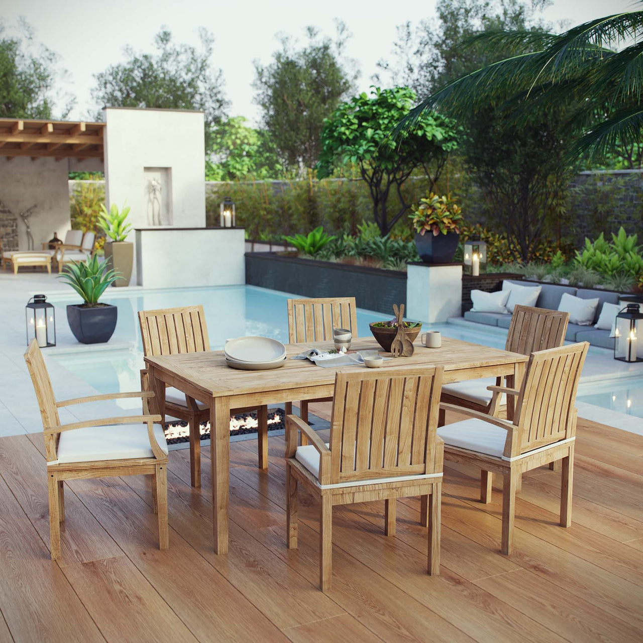Shorehaven 7-Piece Alfresco Teak Dining Set, Natural Wood & White