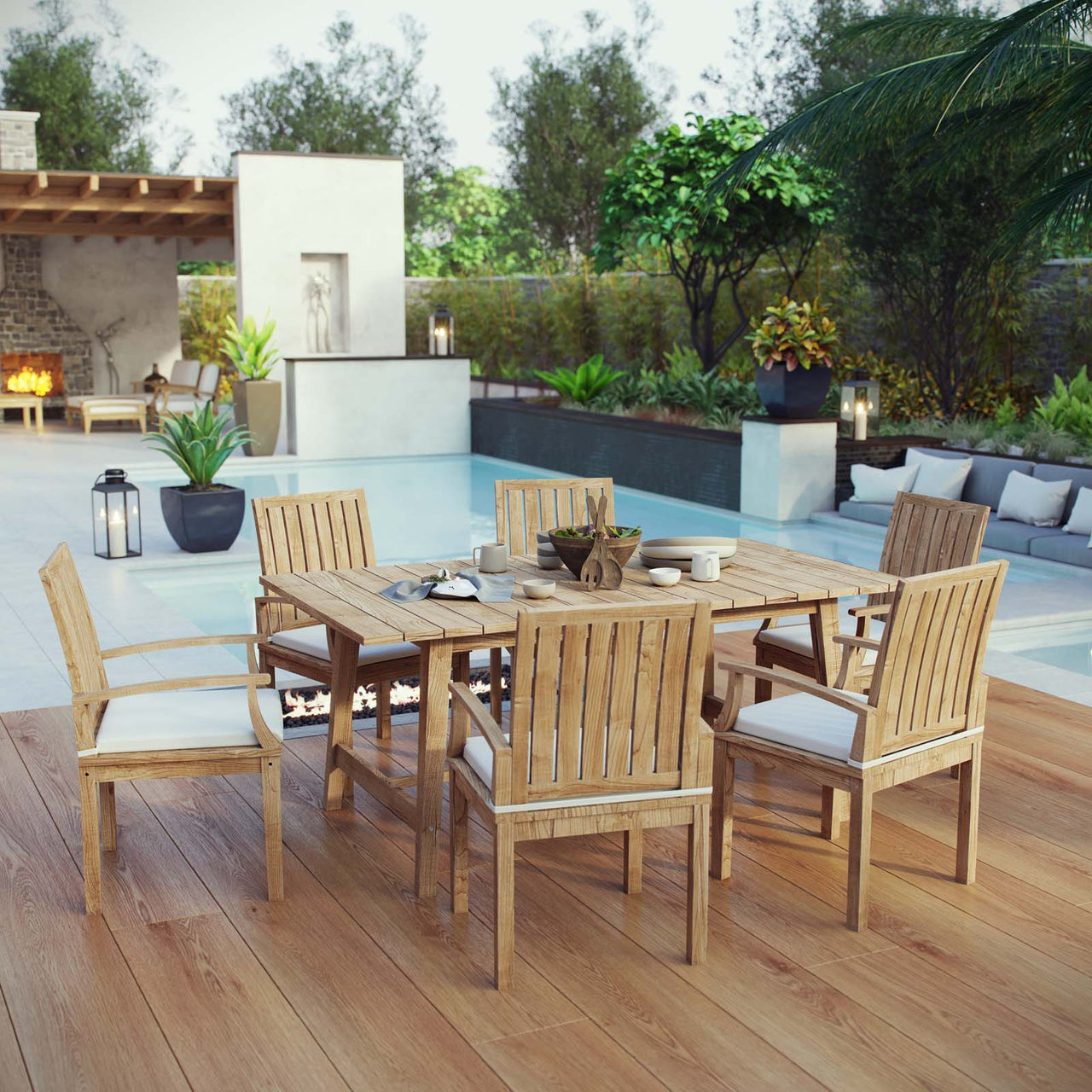 Shorehaven 7-Piece Alfresco Teak Dining Set, Natural Wood & White