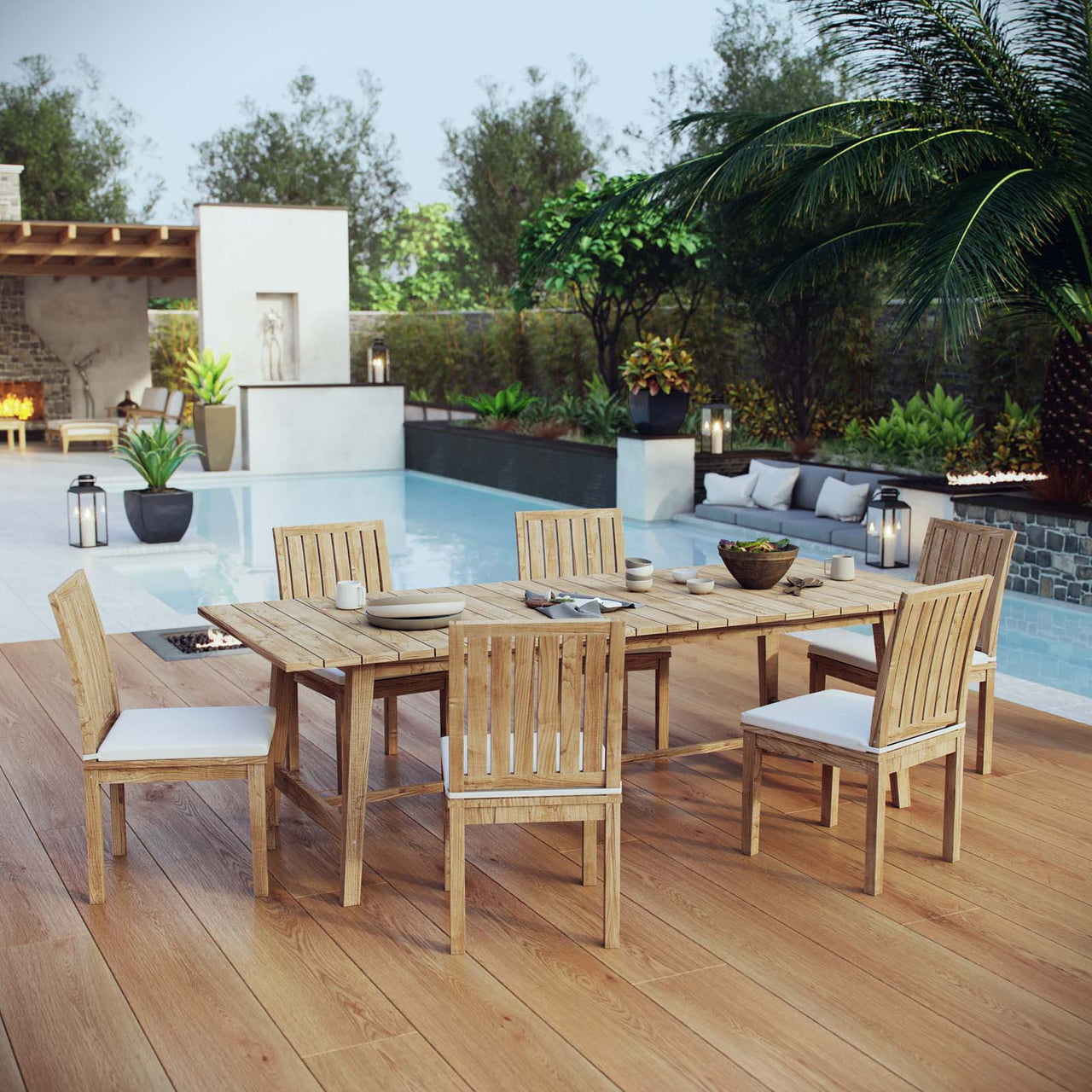 Shorehaven 7-Piece Alfresco Teak Dining Set, Natural Wood & White