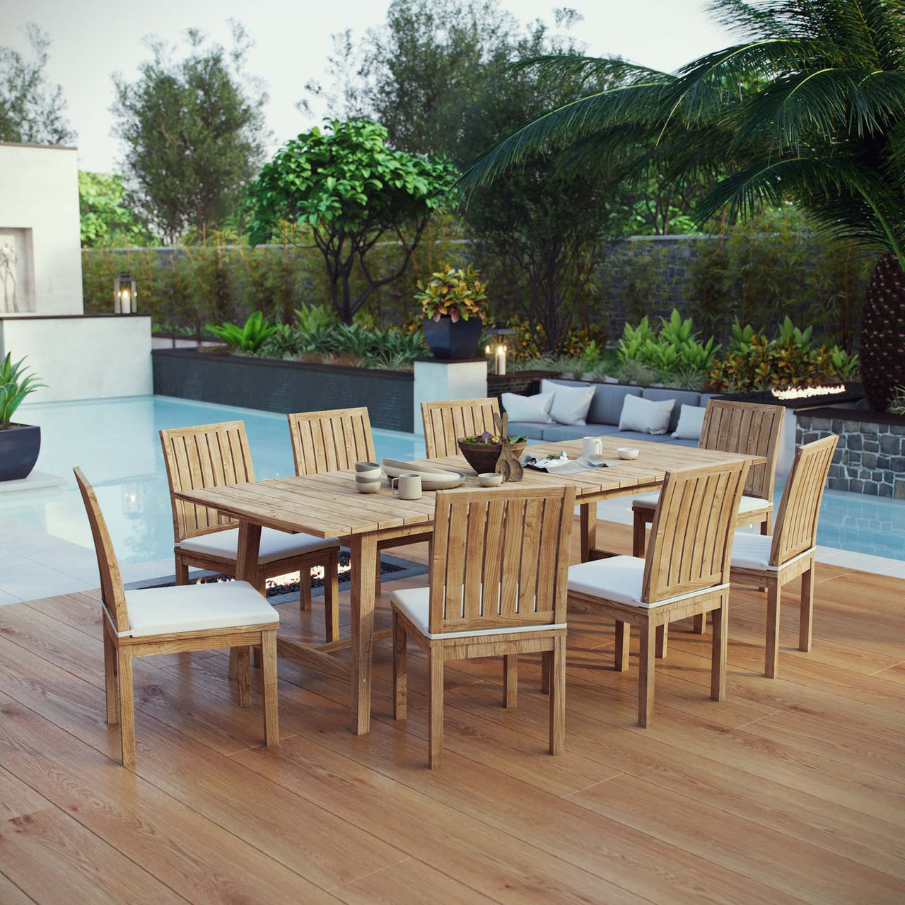 Shorehaven 9-Piece Alfresco Teak Dining Set, Natural Wood & White