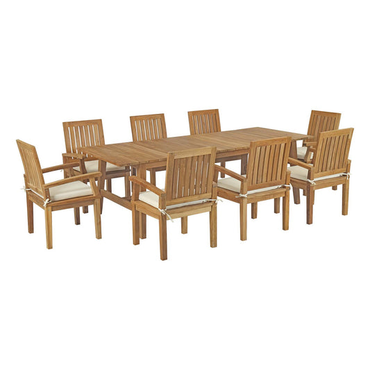 Shorehaven 9-Piece Alfresco Teak Dining Set, Natural Wood & White