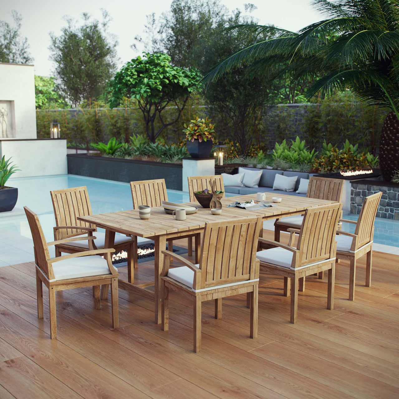 Shorehaven 9-Piece Alfresco Teak Dining Set, Natural Wood & White