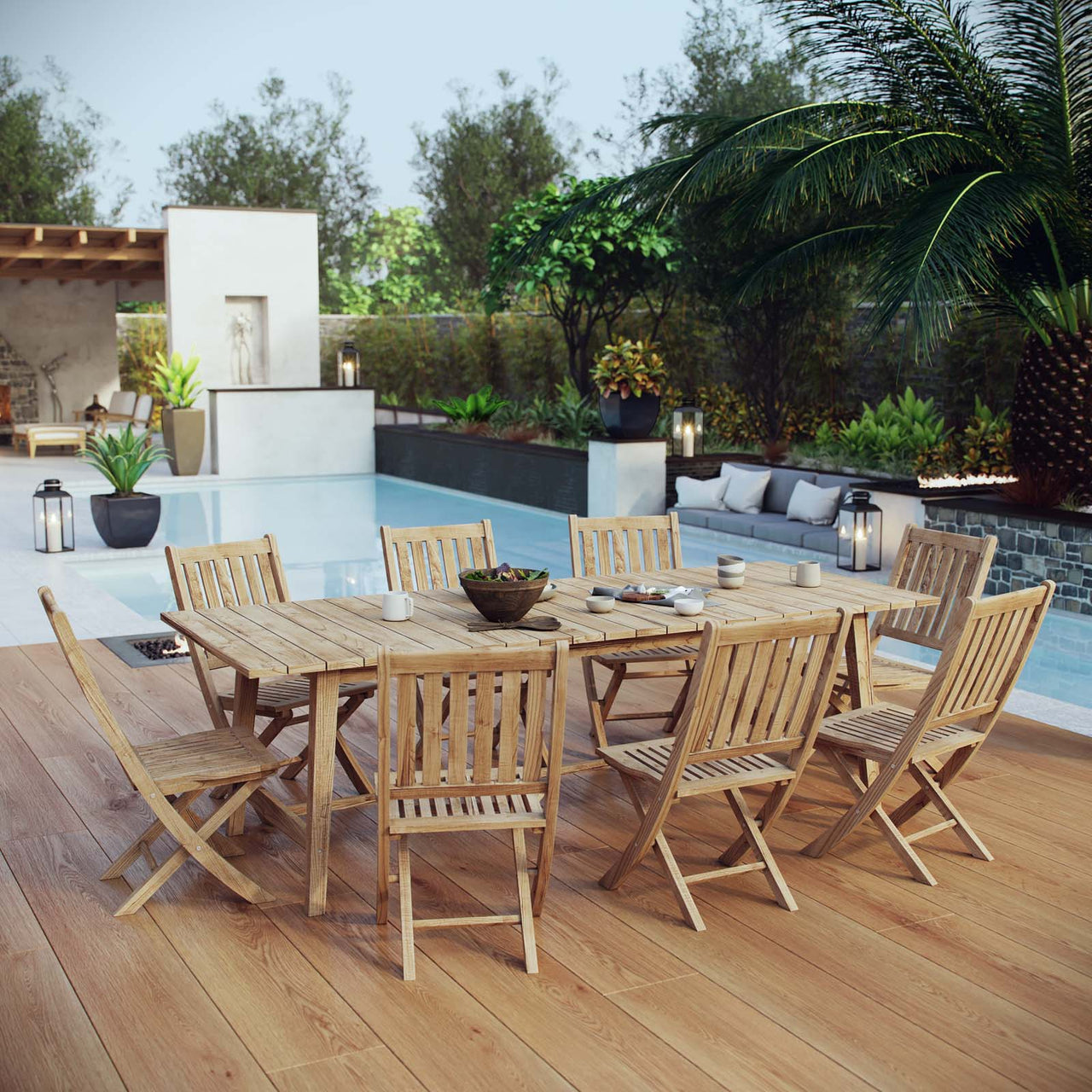 Shorehaven 9-Piece Alfresco Teak Dining Set, Natural Wood