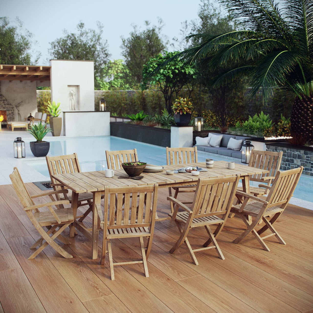 Shorehaven 9-Piece Alfresco Teak Dining Set, Natural Wood