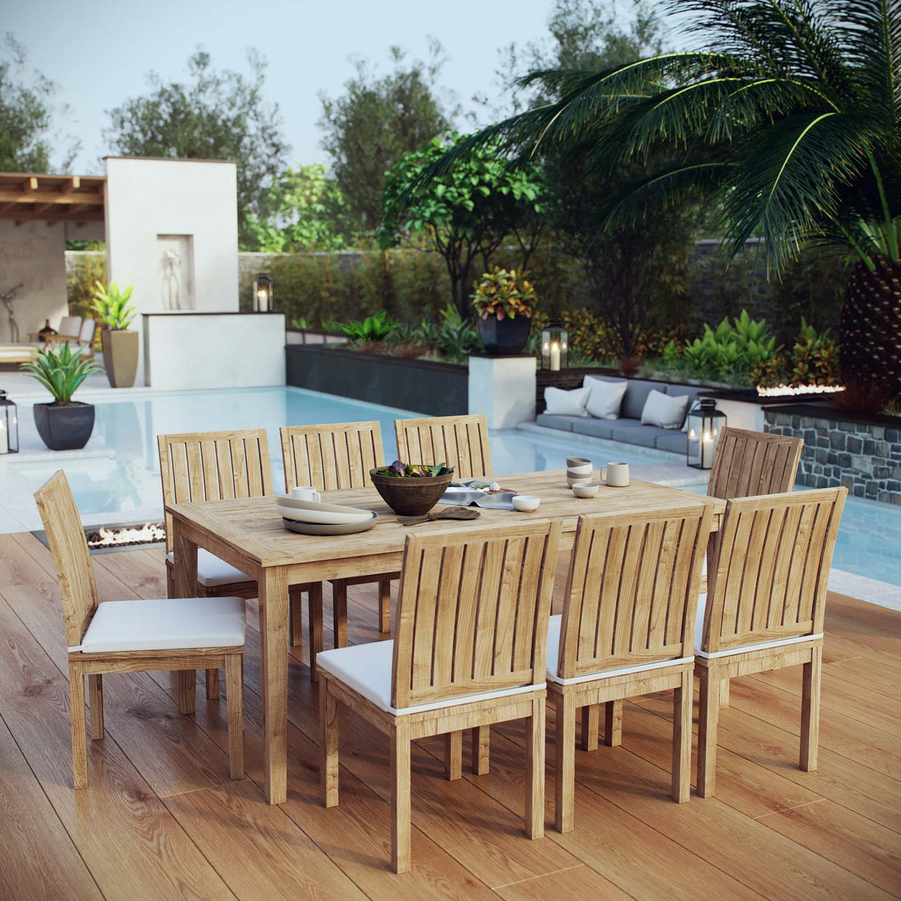 Shorehaven 9-Piece Alfresco Teak Dining Set, Natural Wood & White