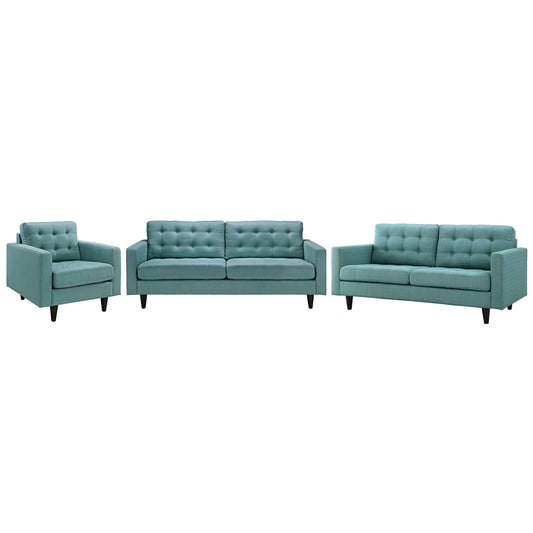 Dynasty Sofa, Loveseat and Armchair Set of 3, Aqua Green