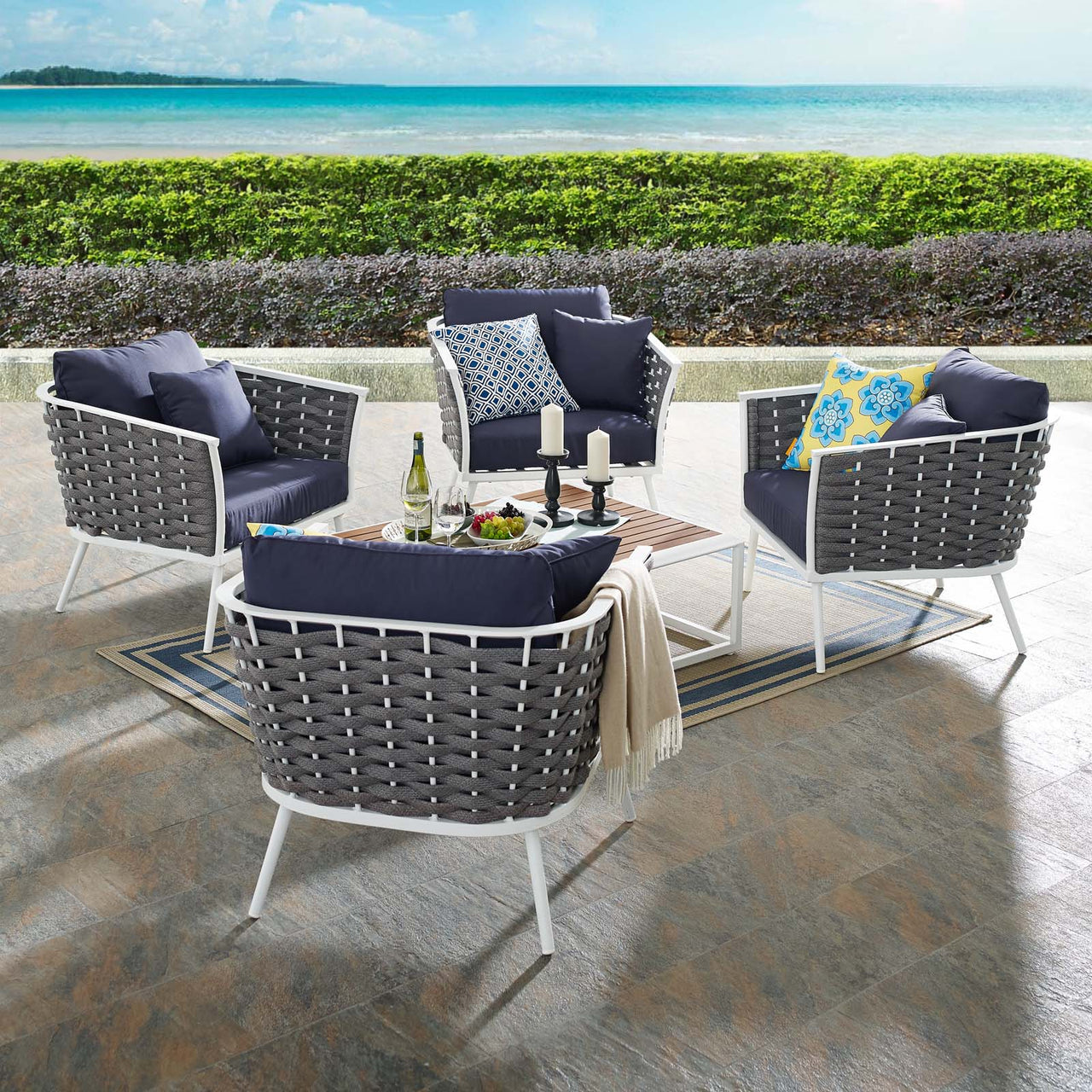 Stellan 5-Piece Alfresco Conversation Set, White & Navy