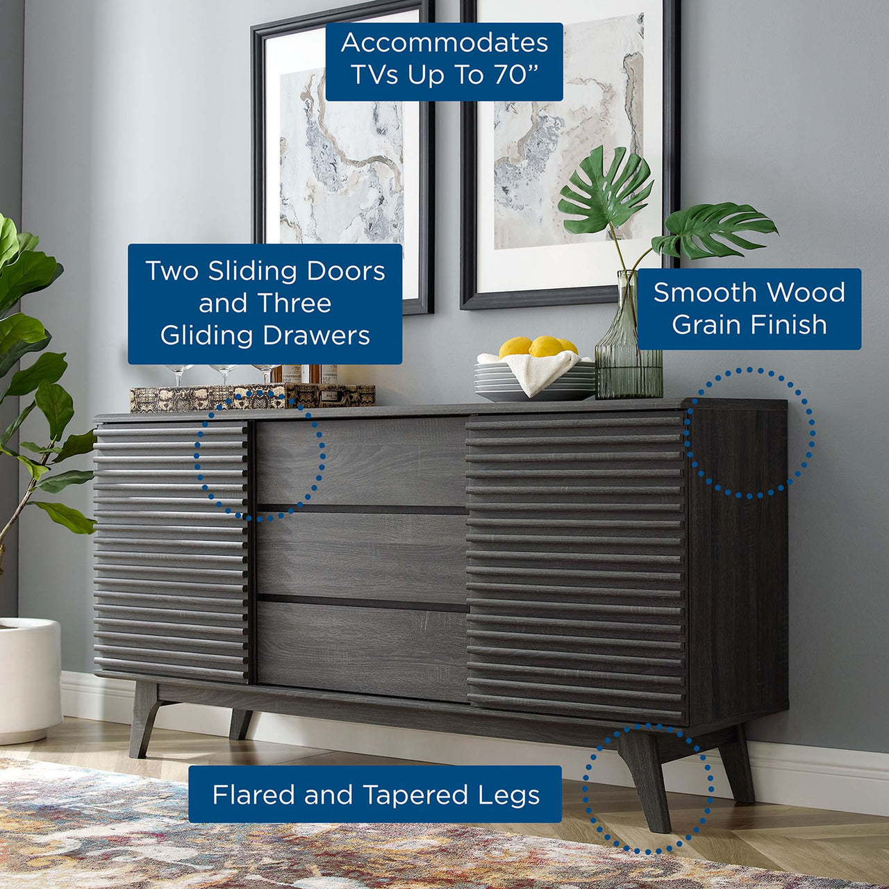 Ventra Sideboard Buffet Table | TV Stand, Medium, Charcoal