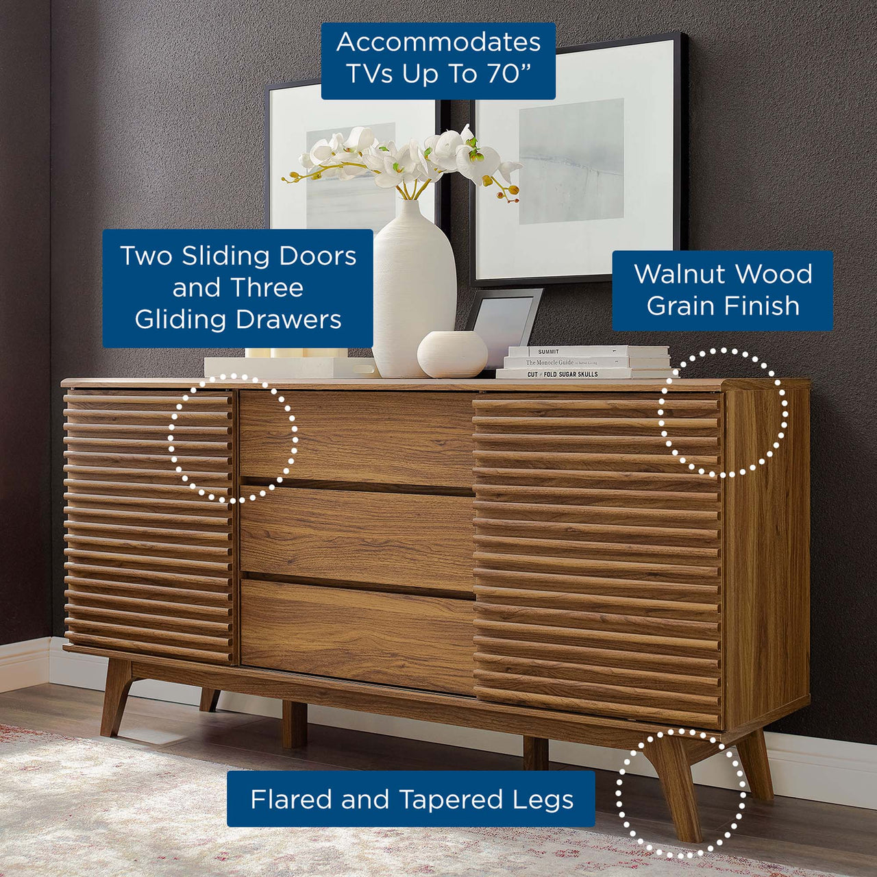 Ventra Sideboard Buffet Table | TV Stand, Medium, Walnut