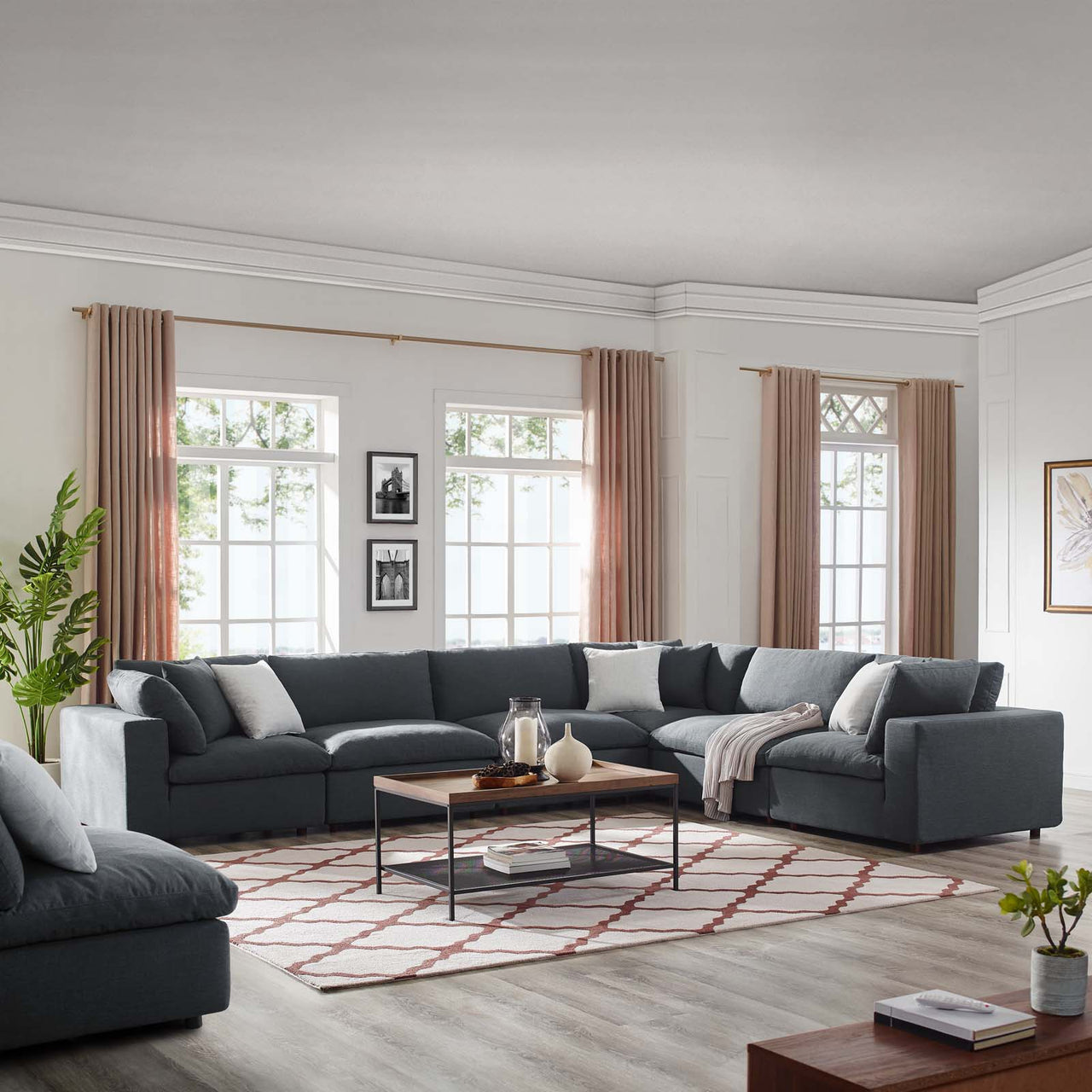 Commix 6 Piece Down Filled Overstuffed Sectional Sofa Set, Gray