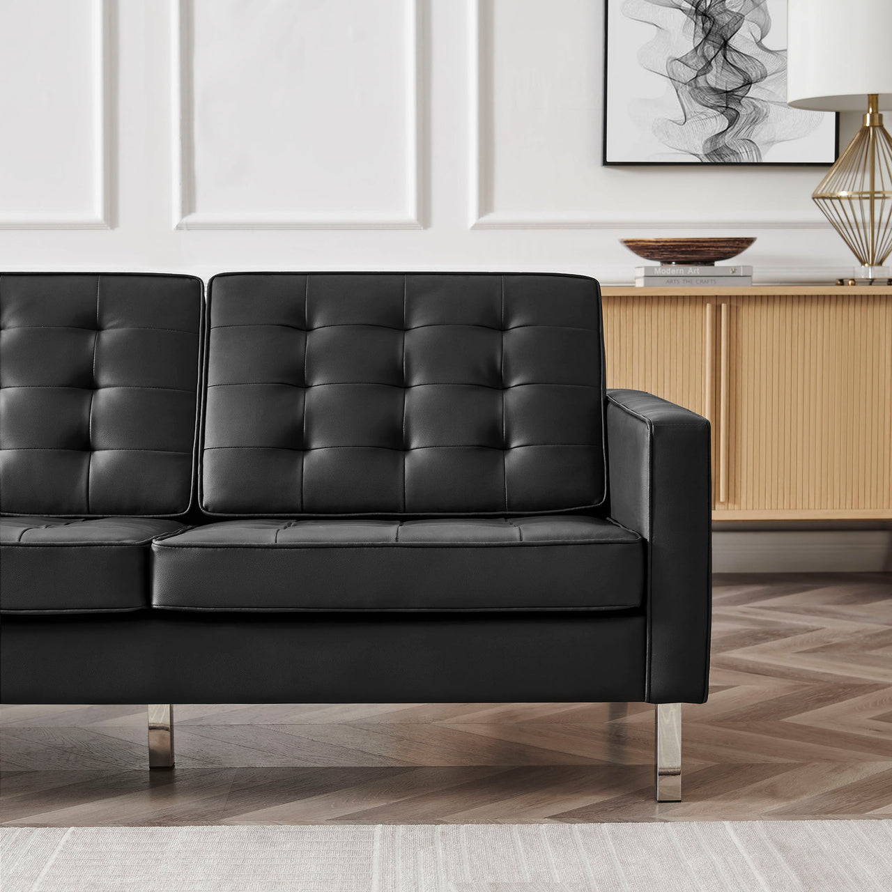 Luma Upholstered Faux Leather Sofa, Silver & Black