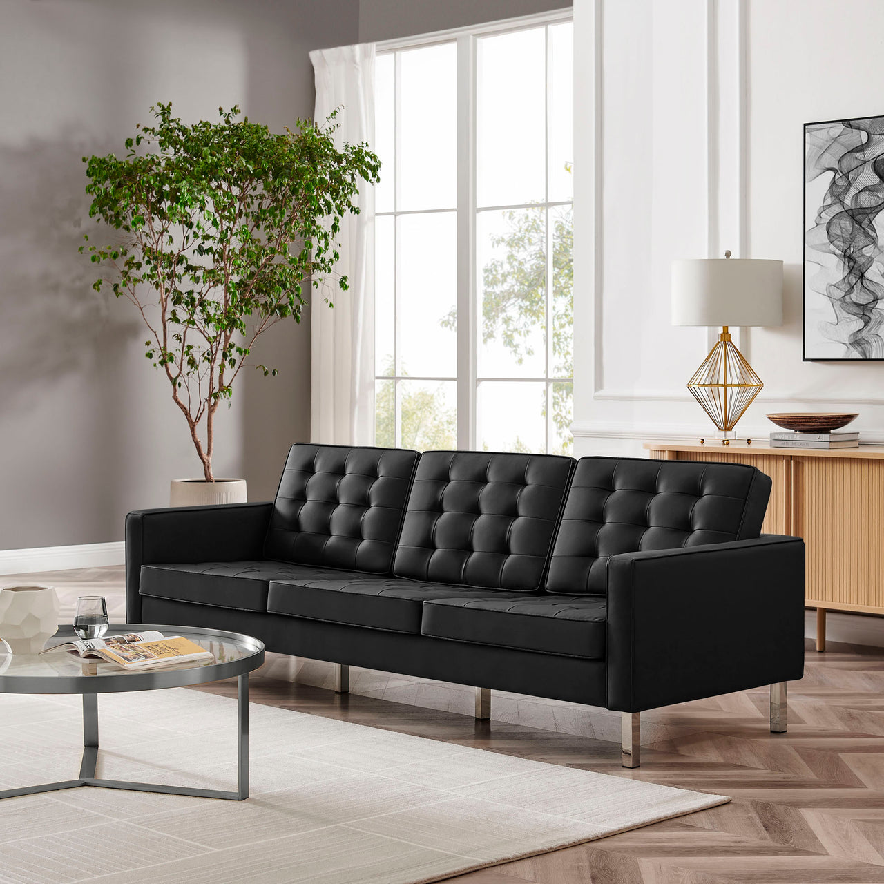 Luma Upholstered Faux Leather Sofa, Silver & Black