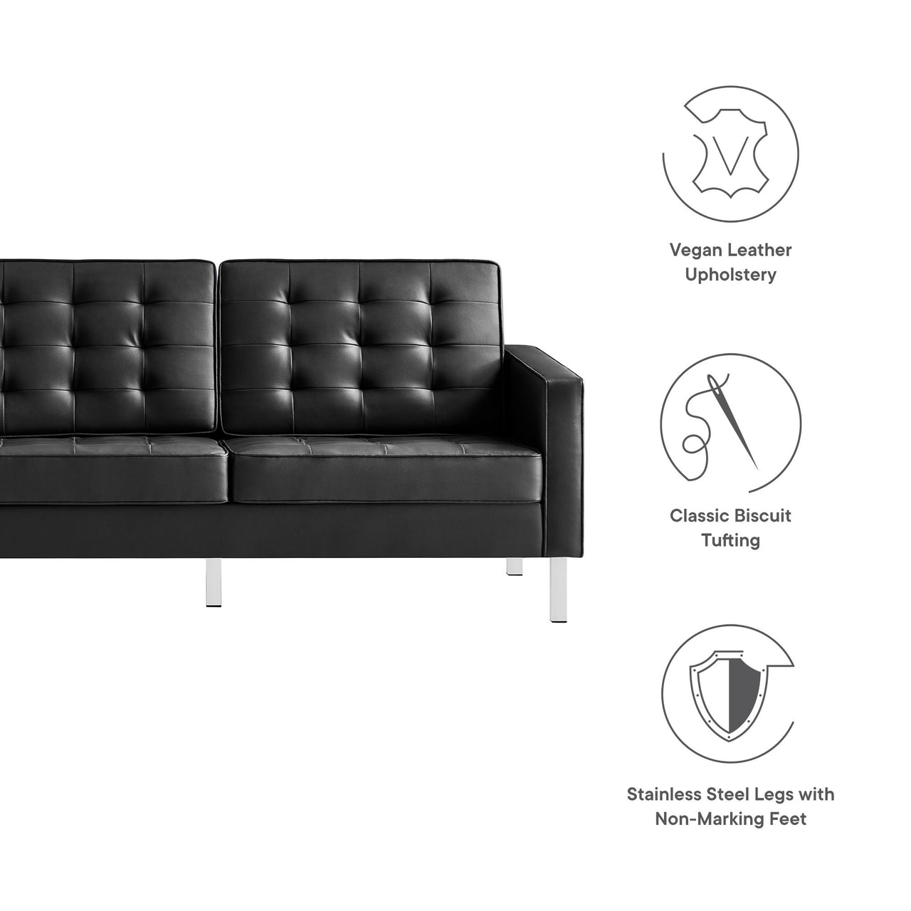 Luma Upholstered Faux Leather Sofa, Silver & Black