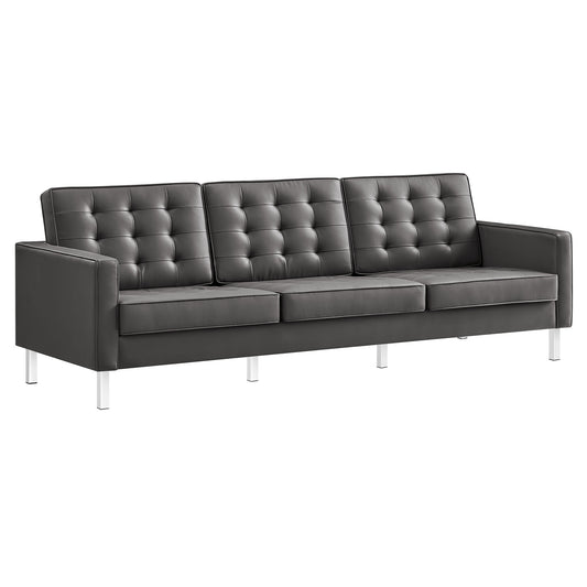 Luma Upholstered Faux Leather Sofa, Silver & Gray