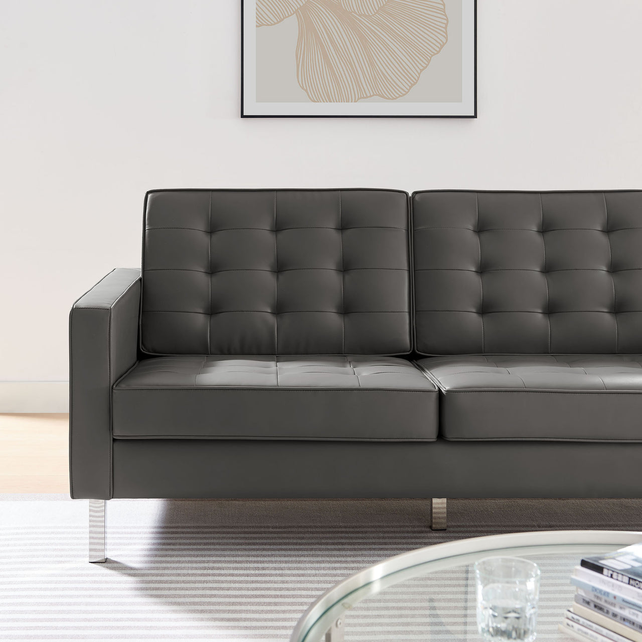 Luma Upholstered Faux Leather Sofa, Silver & Gray