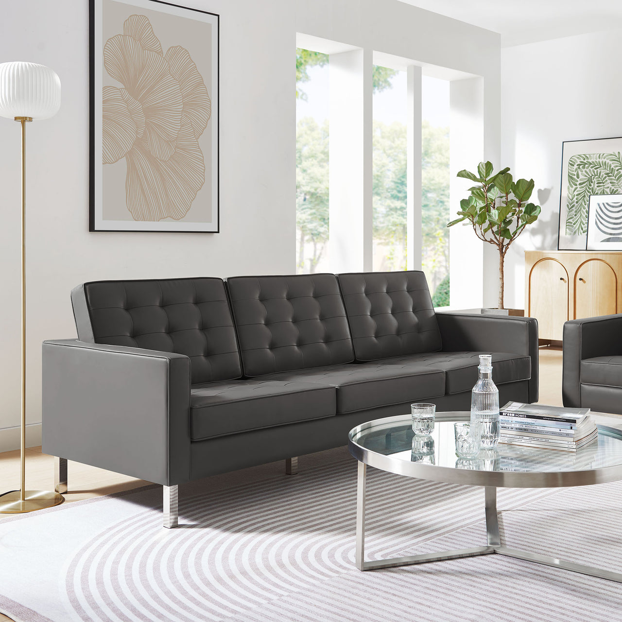 Luma Upholstered Faux Leather Sofa, Silver & Gray