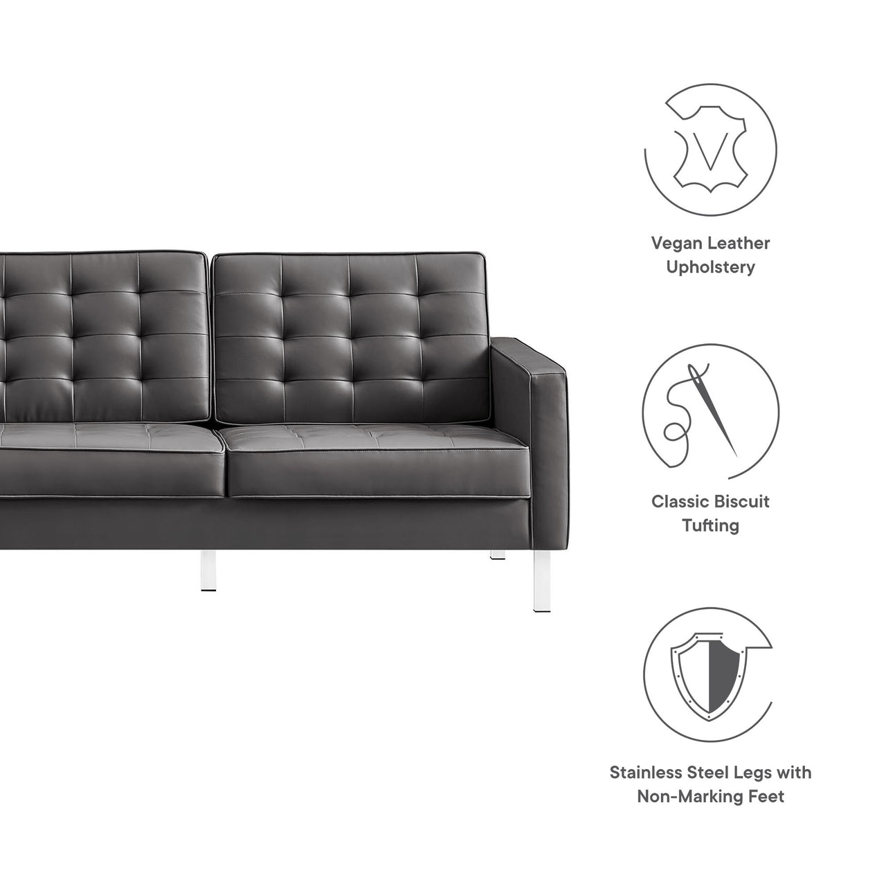Luma Upholstered Faux Leather Sofa, Silver & Gray
