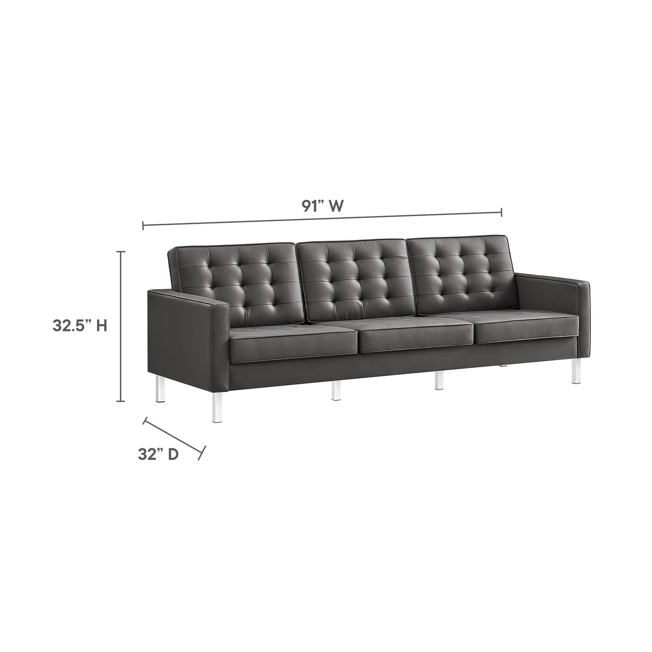 Luma Upholstered Faux Leather Sofa and Ottoman Set, Silver & Gray