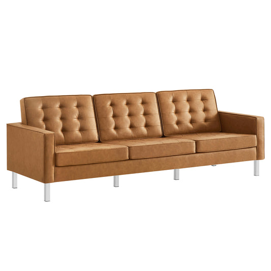 Luma Upholstered Faux Leather Sofa, Silver & Tan