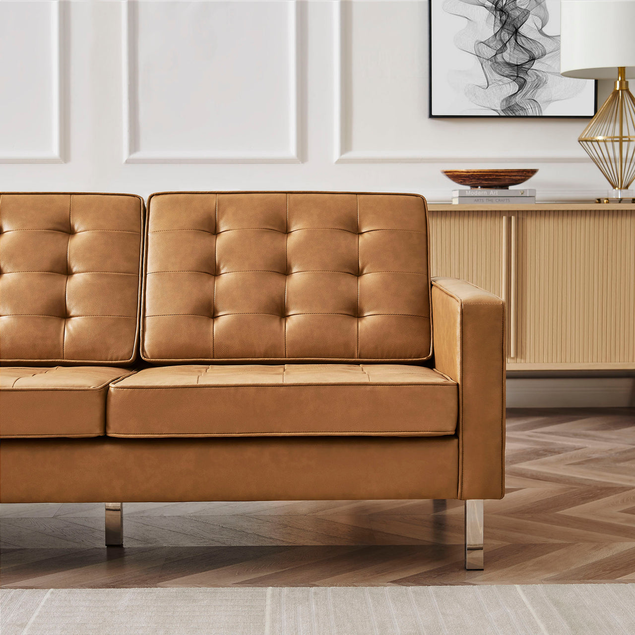 Luma Upholstered Faux Leather Sofa, Silver & Tan
