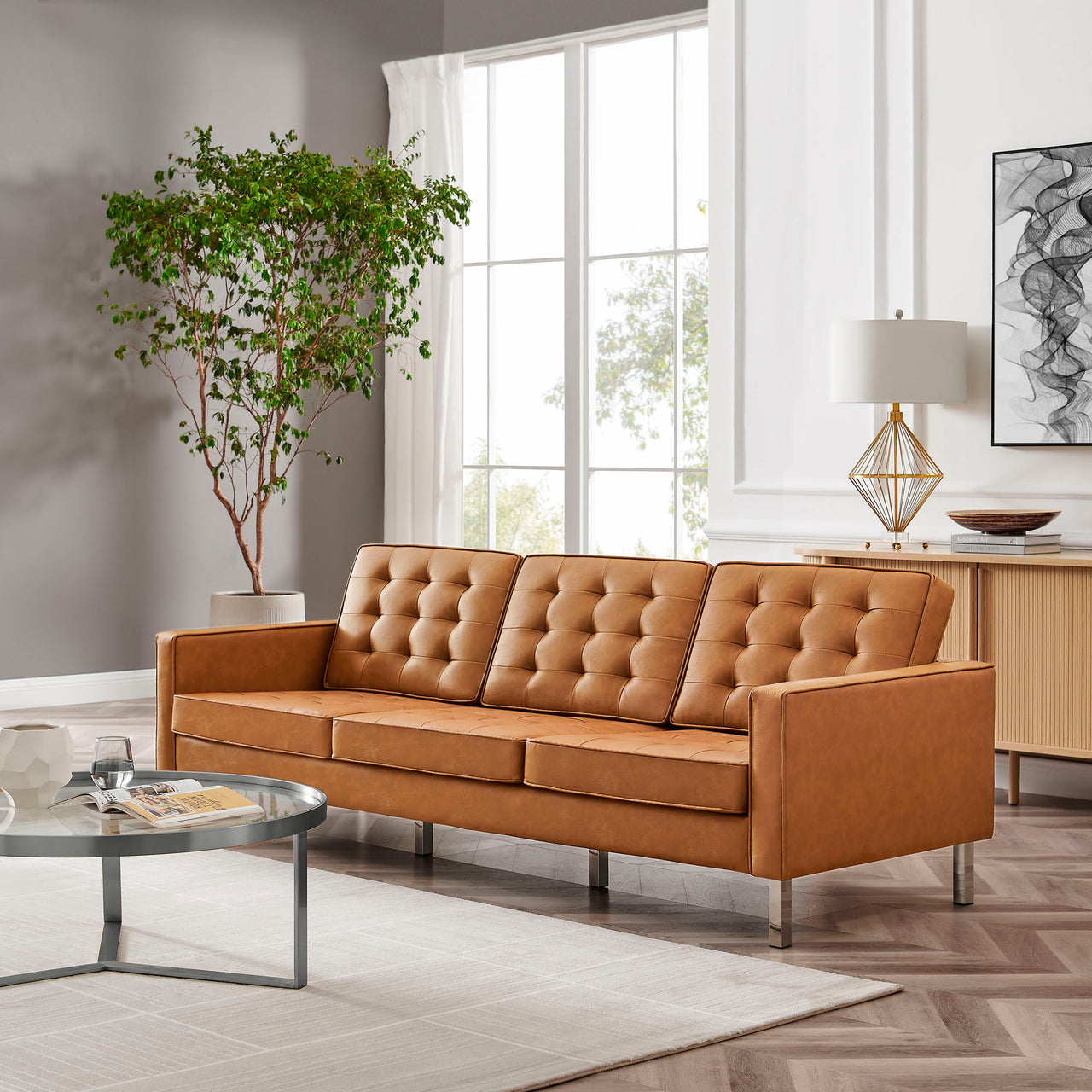 Luma Upholstered Faux Leather Sofa, Silver & Tan
