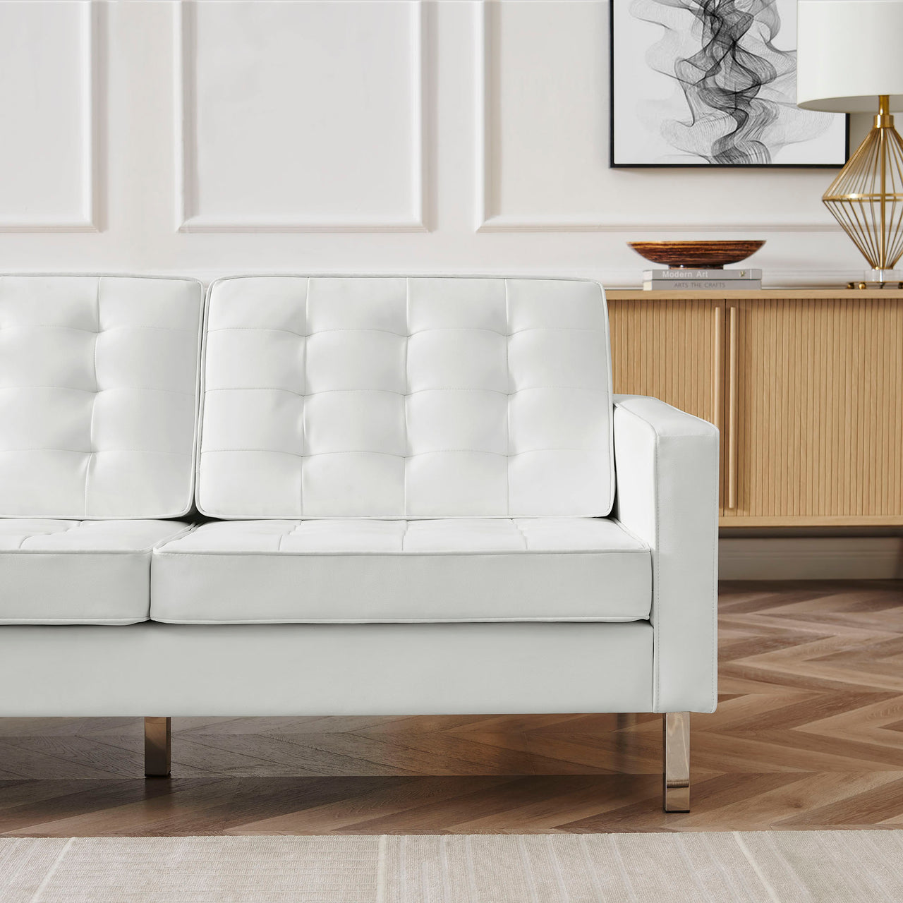 Luma Upholstered Faux Leather Sofa, Silver & White