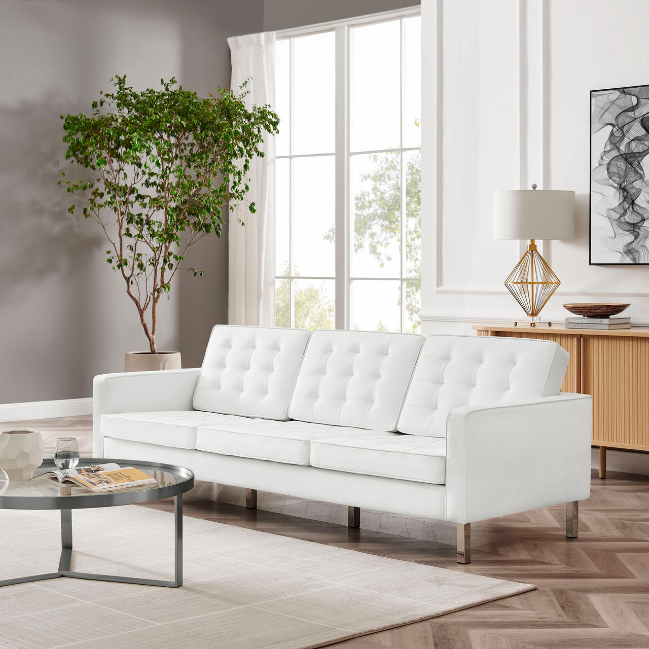 Luma Upholstered Faux Leather Sofa, Silver & White