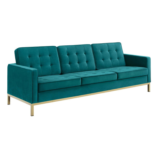 Luma Upholstered Velvet Sofa, Gold & Teal