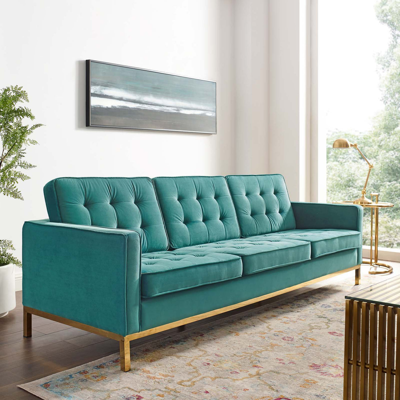 Luma Upholstered Velvet Sofa, Gold & Teal