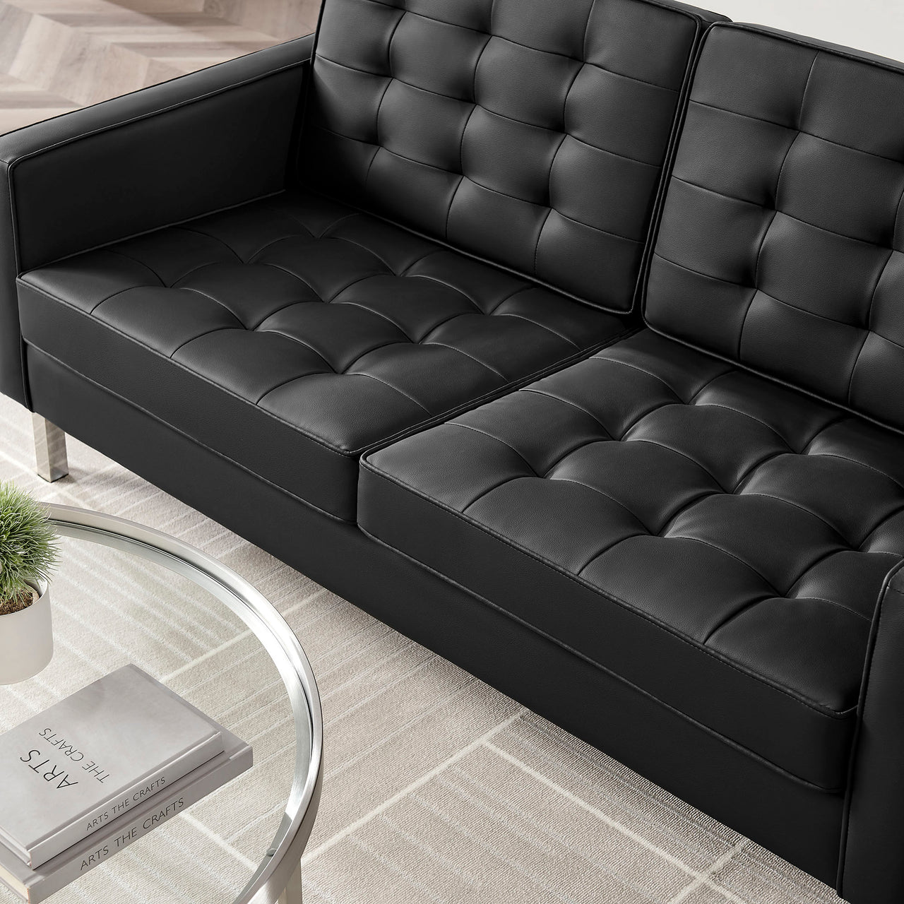 Luma Upholstered Faux Leather Loveseat, Silver & Black