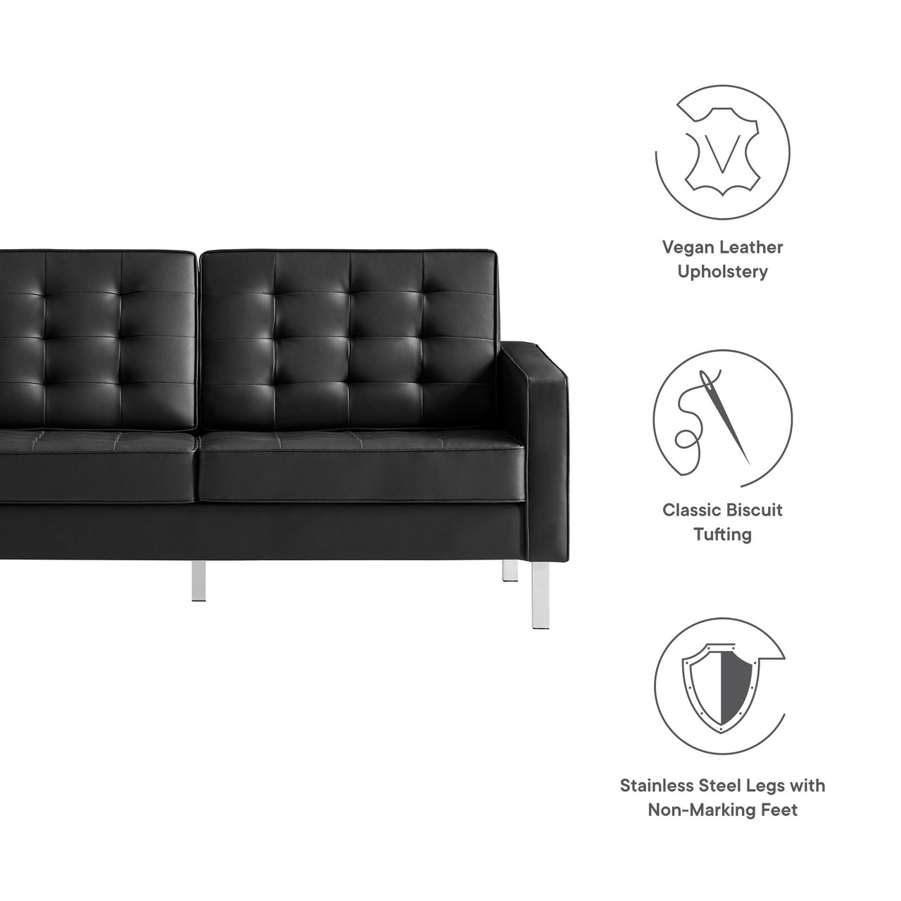 Luma Upholstered Faux Leather Loveseat, Silver & Black