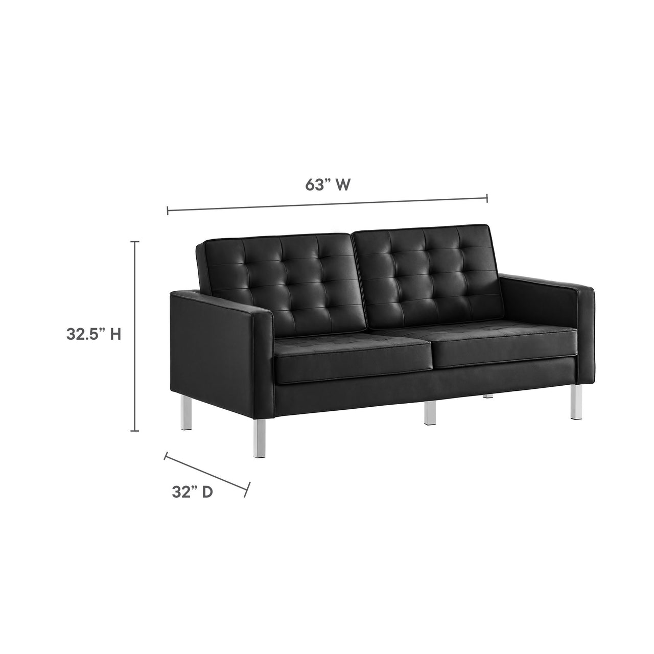 Luma Upholstered Faux Leather Loveseat, Silver & Black